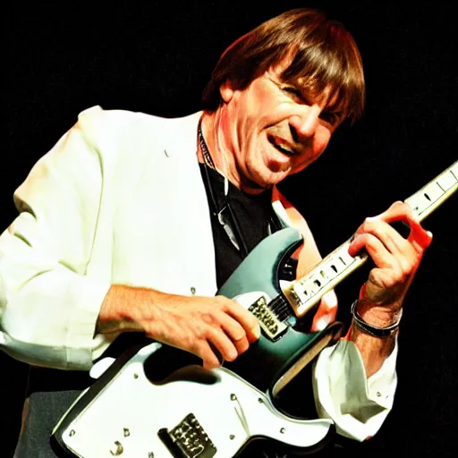 Image similar to dr brian cox thrashing his electric guitar on stage