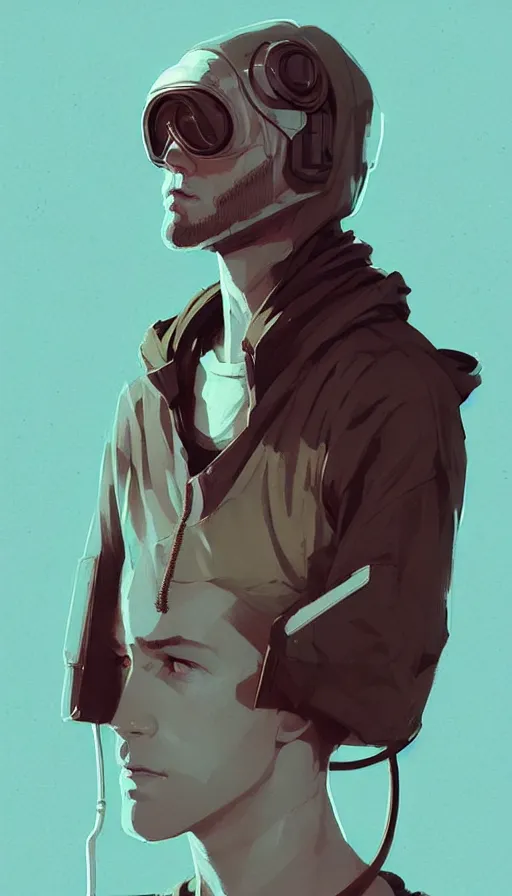 Image similar to cyberpunk synth, hyper - realistic portrait of a man in a hoodie, cyberpunk, by atey ghailan, by greg rutkowski, by greg tocchini, by james gilleard, by joe fenton, by kaethe butcher, dynamic lighting, gradient light blue, brown, blonde cream and white color scheme, grunge aesthetic