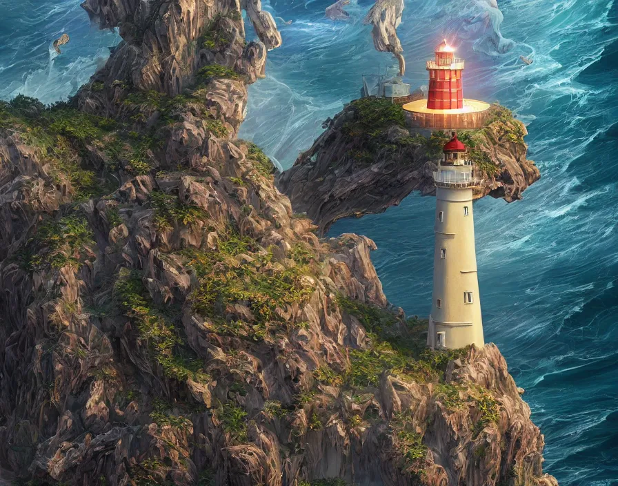 Image similar to fantasy painting of a lighthouse on the edge of a cliff overseeing a vast ocean, complex, detailed, intricate abstract. delicate artwork. by Tooth Wu, wlop, beeple, dan mumford. octane render, trending on artstation, greg rutkowski very coherent symmetrical artwork. cinematic, hyper realism, high detail, octane render, 8k, depth of field, bokeh. chrome accents.