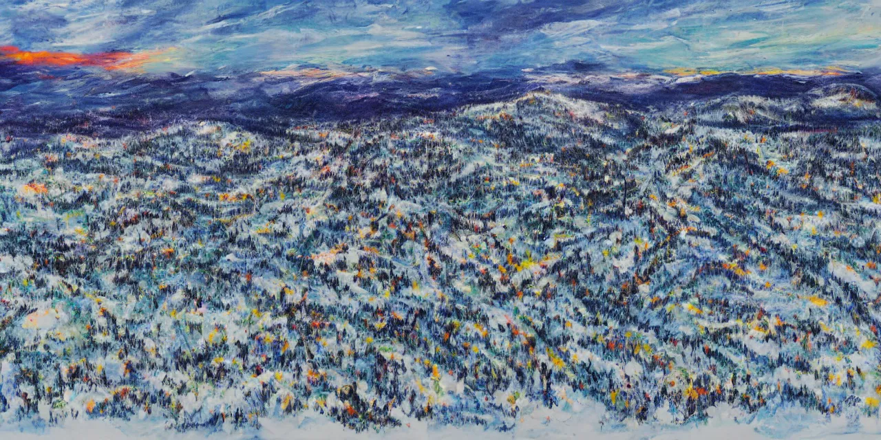 Prompt: abstract painting of the laurentian appalachian mountains in winter, unique, original and creative landscape, aerial view, snowy night, distant town lights, aurora borealis, deers and ravens, footsteps in the snow, brilliant composition