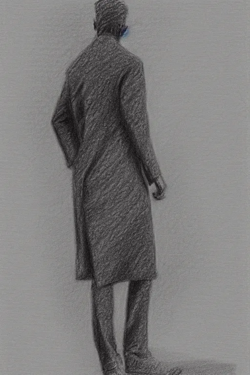 Image similar to a drawn man standing in the rain. pencil sketch.