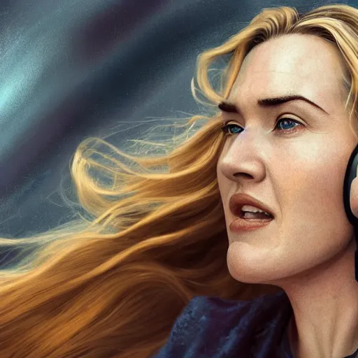 Image similar to epic action shot of kate winslet with symmetrical face stunning eyes and long blonde hair wearing headset laughing, weta disney pixar, hi - fructose, decadent highly - detailed digital painting, golden ratio, octane render, artstation, cinematic composition, smooth, sharp focus, artgerm, mucha, loish, wlop hdr