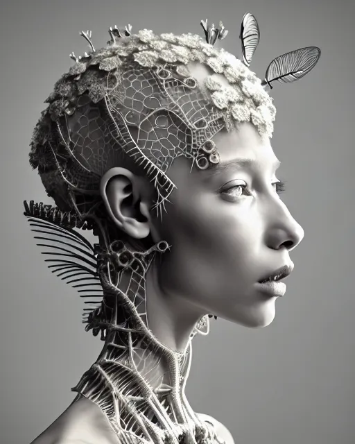 Image similar to bw 3 d render, stunning beautiful very young angelic cute biomechanical albino female cyborg with a porcelain profile face, rim light, big leaves and stems, roots, fine foliage lace, alexander mcqueen, art nouveau fashion embroidered collar, steampunk, silver filigree details, hexagonal mesh wire, mandelbrot fractal, elegant, artstation trending