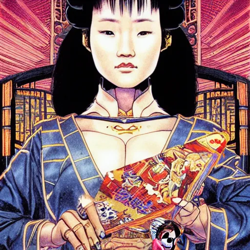 Image similar to portrait of miao yin from big trouble in little china, symmetrical, by yoichi hatakenaka, masamune shirow, josan gonzales and dan mumford, ayami kojima, takato yamamoto, barclay shaw, karol bak, yukito kishiro