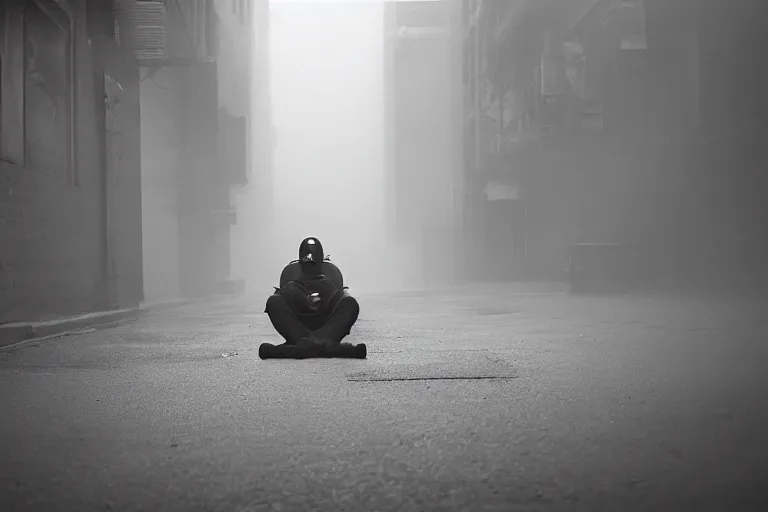 Prompt: street photography of man in gas mask sitting in a foggy alley By Emmanuel Lubezki