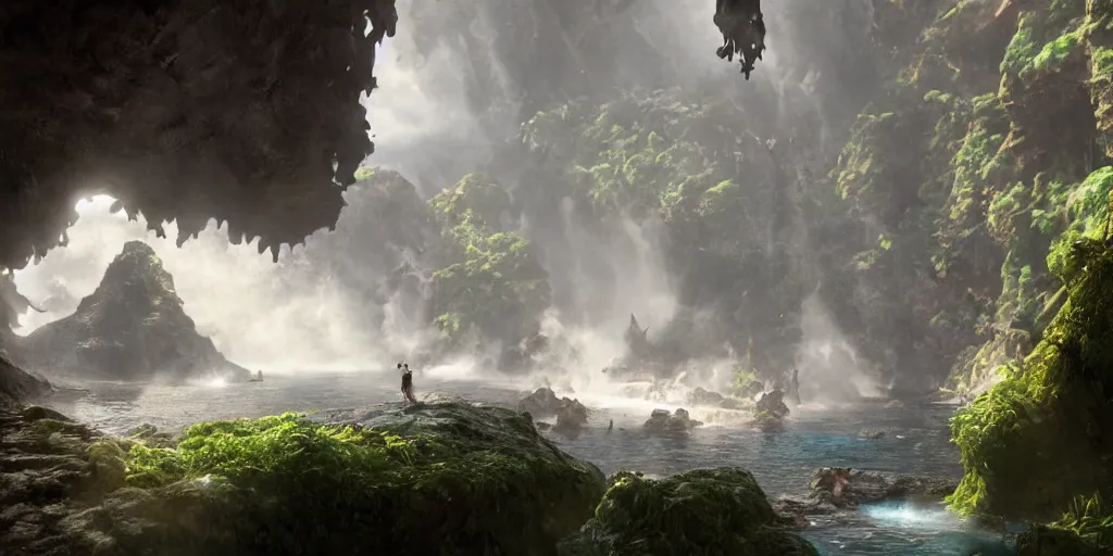 Image similar to a film still from uncharted by craig mullins, of a hidden pirate ship in a volcanic waterfall cave from, medium shot, waist up, studio ghibli, pixar and disney animation, sharp, rendered in unreal engine 5, bloom, dramatic lighting