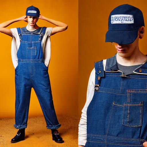 Prompt: kangaroo wearing denim overalls that have a front pocket, fashion managzine photograph, studio lighting