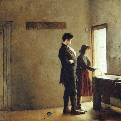 Image similar to a young man and a young woman solving an escape room puzzle, mysterious markings on the wall, by alfred stevens