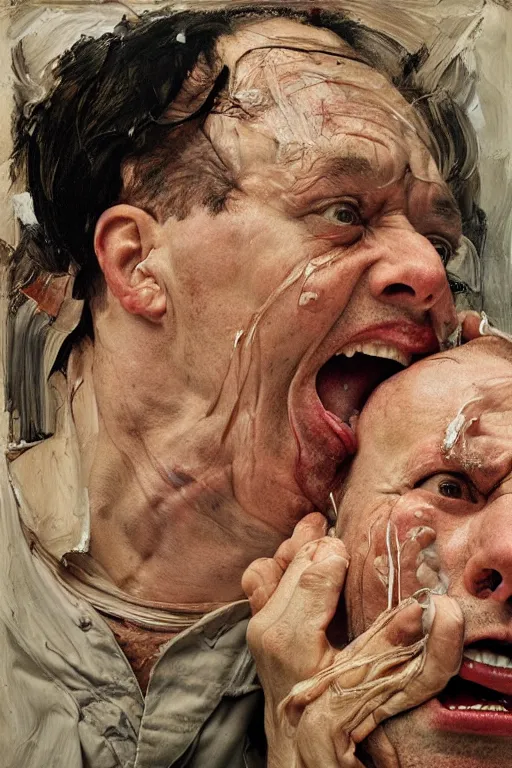 Image similar to portrait of one enraged man, part by Jenny Saville, part by Lucian Freud, part by Norman Rockwell