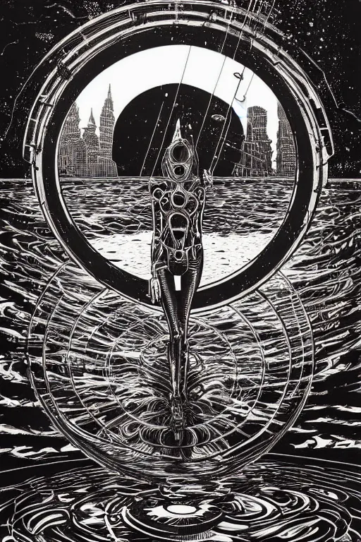 Image similar to dreamy portal in the center of the lake, abstract black oil, gear mecha, beautiful woman body, detailed acrylic, grunge, intricate complexity, by dan mumford and by alberto giacometti, m. c. escher