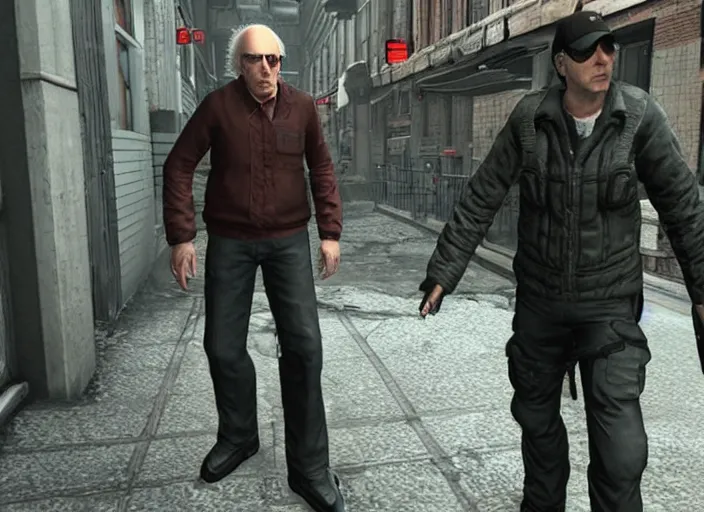 Prompt: video game still of larry david in the video game resident evil 2,