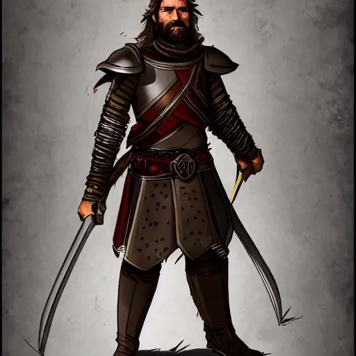 Prompt: character concept d & d young scarred captain knight with a steel breastplate, short brown hair and beard. straight nose, lean face and build. hyper detailed