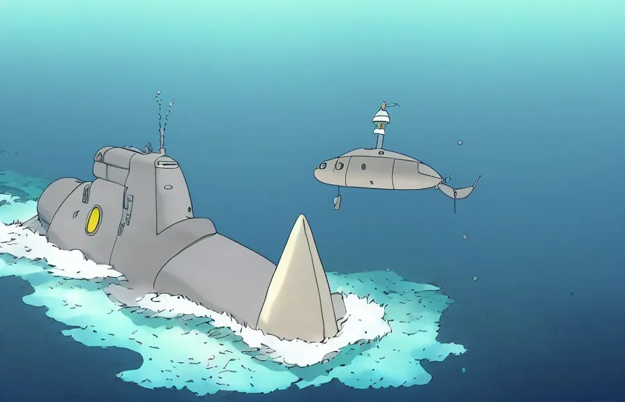 Prompt: a realistic studio ghibli cell shaded cartoon showing a submarine swimming in front of a white pyramid underwater at the bottom of the sea. shafts of sunlight come from above. wide shot, very dull muted colors, hd, 4 k, hq