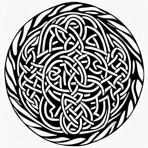 Prompt: a circular vector tattoo design. art nouveau, celtic knots, spiky, curvilinear, recursive.