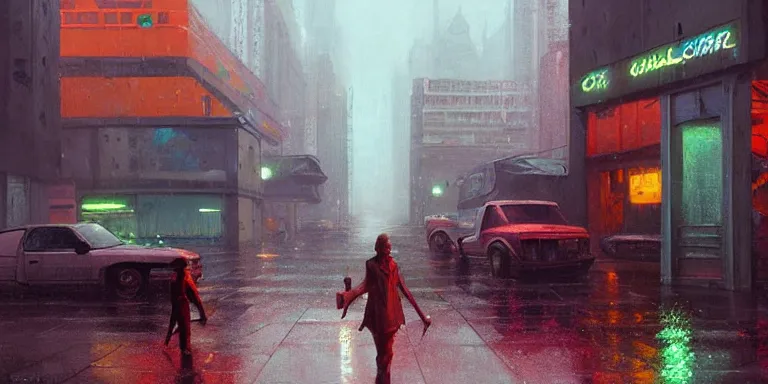 Image similar to painting cyberberpunk city in the rain wet street vaporwave rust grungy, by eric lafforgue, glennray tutor and edward hopper, greg rutkowski. trending on artstation.