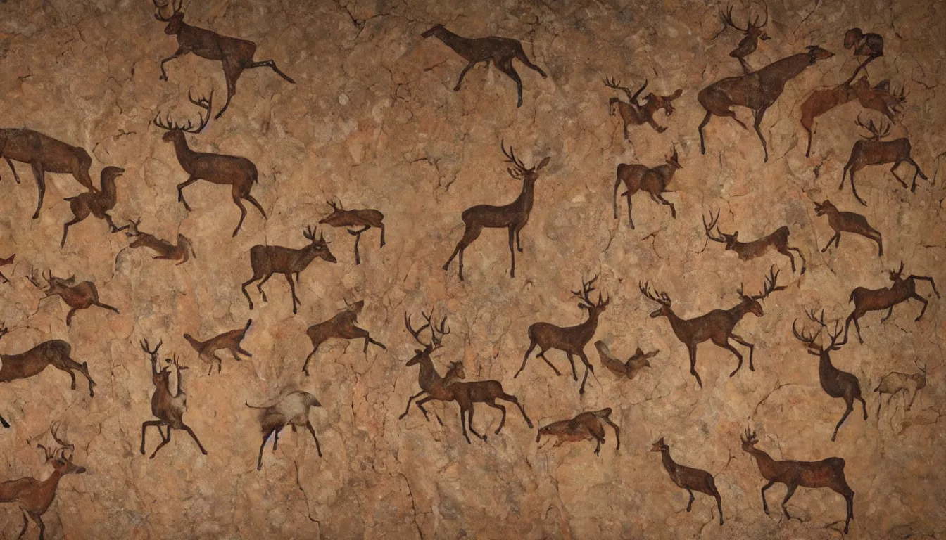 Prompt: cave painting of indigenous people chasing a deer, rock wall, stone, render, unreal engire, beautiful