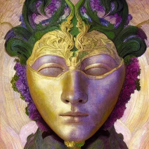 Prompt: masterpiece painting of a facemask made of flowers, by annie swynnerton and jean delville and tino rodriguez and diego rivera, stylized, flower mask, symbolist, dramatic lighting, god rays, elaborate geometric ornament, clean crisp graphics, soft cool colors, smooth sharp focus, extremely detailed