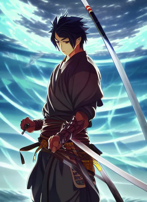 Image similar to Anime portrait samurai water swordman, , digital painting, concept art, d&d, art by ufotable and Artgerm and Greg Rutkowski and Alphonse Mucha