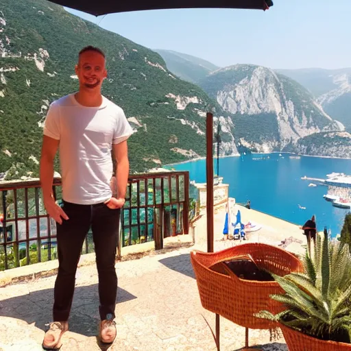 Prompt: brad pit drinking coffee in montenegro, montenegro view in background