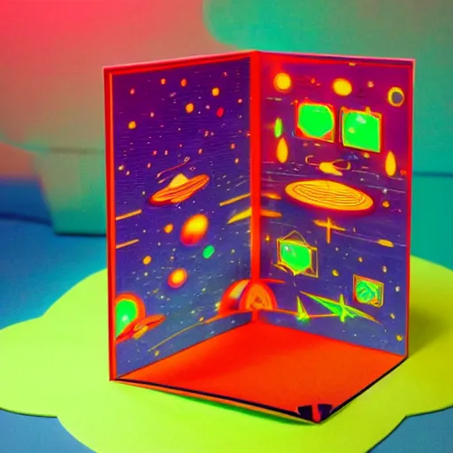 Image similar to Liminal space in outer space (((Googie Kitsch aesthetic colorful isometric with neon lights))) Pop-up book!!!!