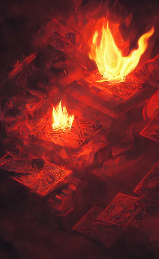 Image similar to a king of diamonds card on fire, with black and red paint in the back ground, ambient lighting, atmospherical, stunning visuals, cinematic, dynamic lighting, photorealistic fantasy concept art, trending on art station, ultra detailed