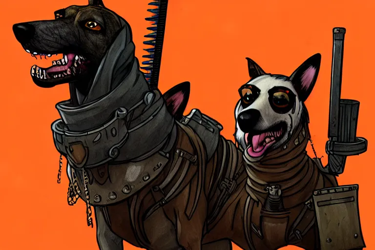 Image similar to a hound dog fursona ( from the furry fandom ), heavily armed and armored facing down armageddon in a dark and gritty version from the makers of mad max : fury road. witness me.