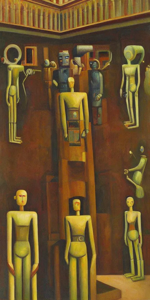 Image similar to robot druids in a grandiose atrium, grant wood, pj crook, edward hopper, oil on canvas