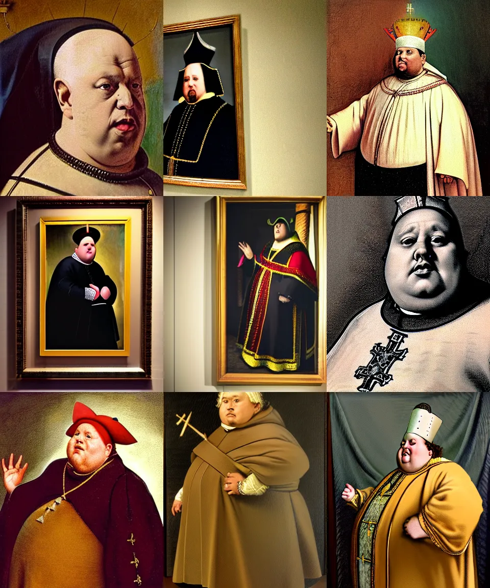 Prompt: half body shot, portrait of a morbidly obese, evil, radioactive archbishop, hyper realistic, wearing a big catholic mitre. luxurious clothes, classic painting. realism, rembrandt, van lieven, dutch masters, dramatic lighting