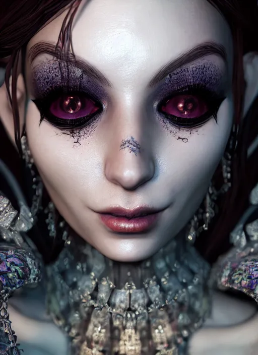 Image similar to close - up portrait of an absurdly beautiful, graceful, sophisticated, fashionable dark witch, hyperdetailed illustration by irakli nadar and vania zouravliov, day - glow, unreal engine 5 highly rendered, global illumination, radiant light, detailed and intricate environment