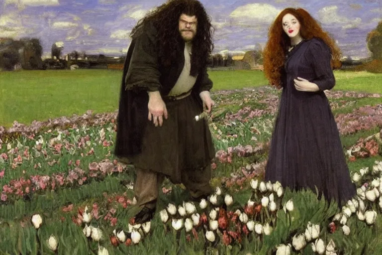 Image similar to hagrid the viking and morticia addams kiss in a field of tulips, masterpiece, highly detailed, oil on canvas, art by walter sickert, john singer sargent, and william open