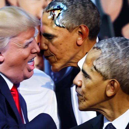 Image similar to obama going in for a kiss with donald trump , obama kissing donald trump , 8k , professional photography