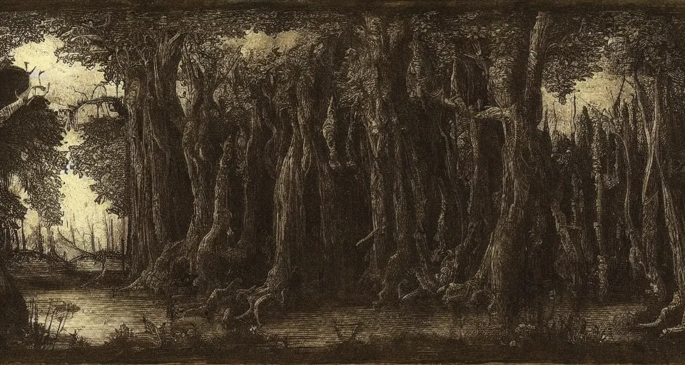 Prompt: A dense and dark enchanted forest with a swamp, by Leonardo da vinci