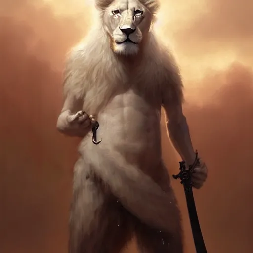 Image similar to commission of a male anthropomorphic albino lion holding a sword,digital art,art by greg rutkowski,trevor henderson,ross tran,photorealistic,hyperdetailes,highly realistic,natural lighting,deviantart,artstation,dramatic,cinematic,4k,western comic style