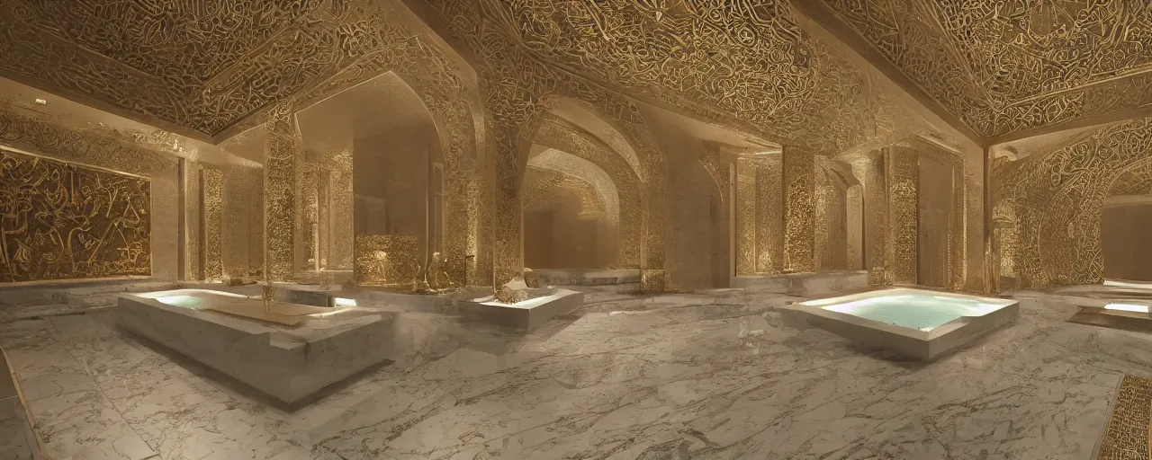 Image similar to interior of a double height hyper luxury spa with everything made of gold, candles, beige stone marble floor, wellness relaxation pool, intricate hieroglyph detailed roof, contemporary design, sacred geometry, 8 k, hyperrealistic, photorealism, windows with view to wadi al disah mountains