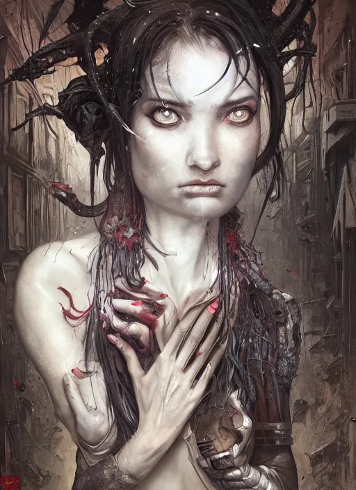 Image similar to dream portrait of a succubus in a dark ancient attic room,full character, melting ,8k,by tristan eaton,Stanley Artgermm,Tom Bagshaw,Greg Rutkowski,Carne Griffiths, Ayami Kojima, Beksinski, Giger,trending on DeviantArt,face enhance,hyper detailed,minimalist,cybernetic, android, blade runner,full of colour