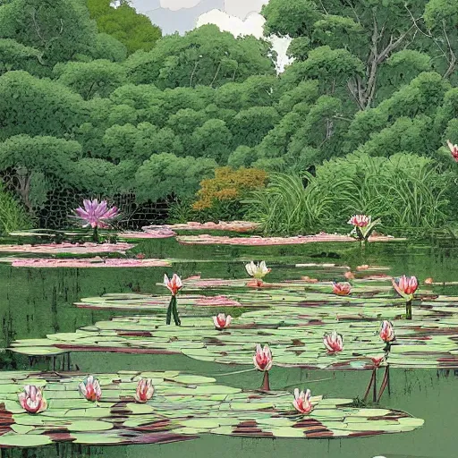 Image similar to a beautiful painting of a waterlily pond by Geof Darrow, Trending on artstation