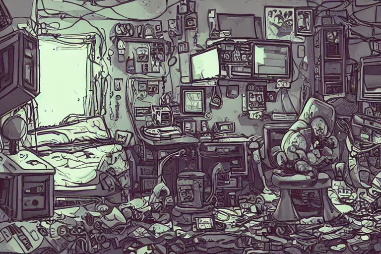 Image similar to a highly detailed illustration of a messy gamer's bedroom, tangled wires, dim lights, messy bed, a sink, cyberpunk, dystopian,