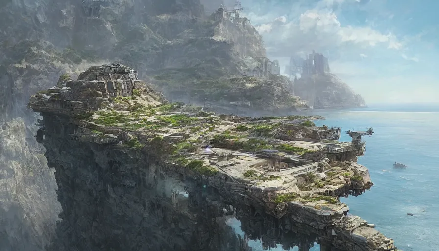 Prompt: imperial base perched on a cliff overlooking a magnificient bay, by james gurney, greg rutkowski, highly detailed digital art, artstation, greig fraser