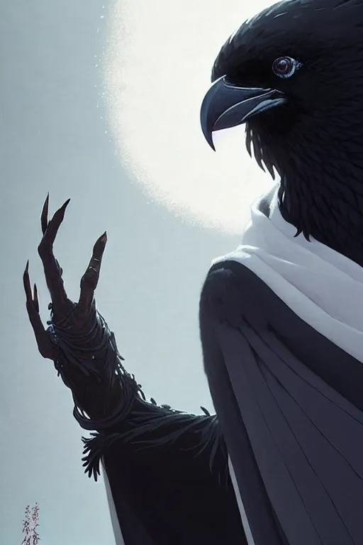 Image similar to raven headed warlock doing magic spells wind, white robes, finely detailed perfect face, exquisite details, mid view, design on a white background, by studio muti, greg rutkowski makoto shinkai takashi takeuchi studio ghibli