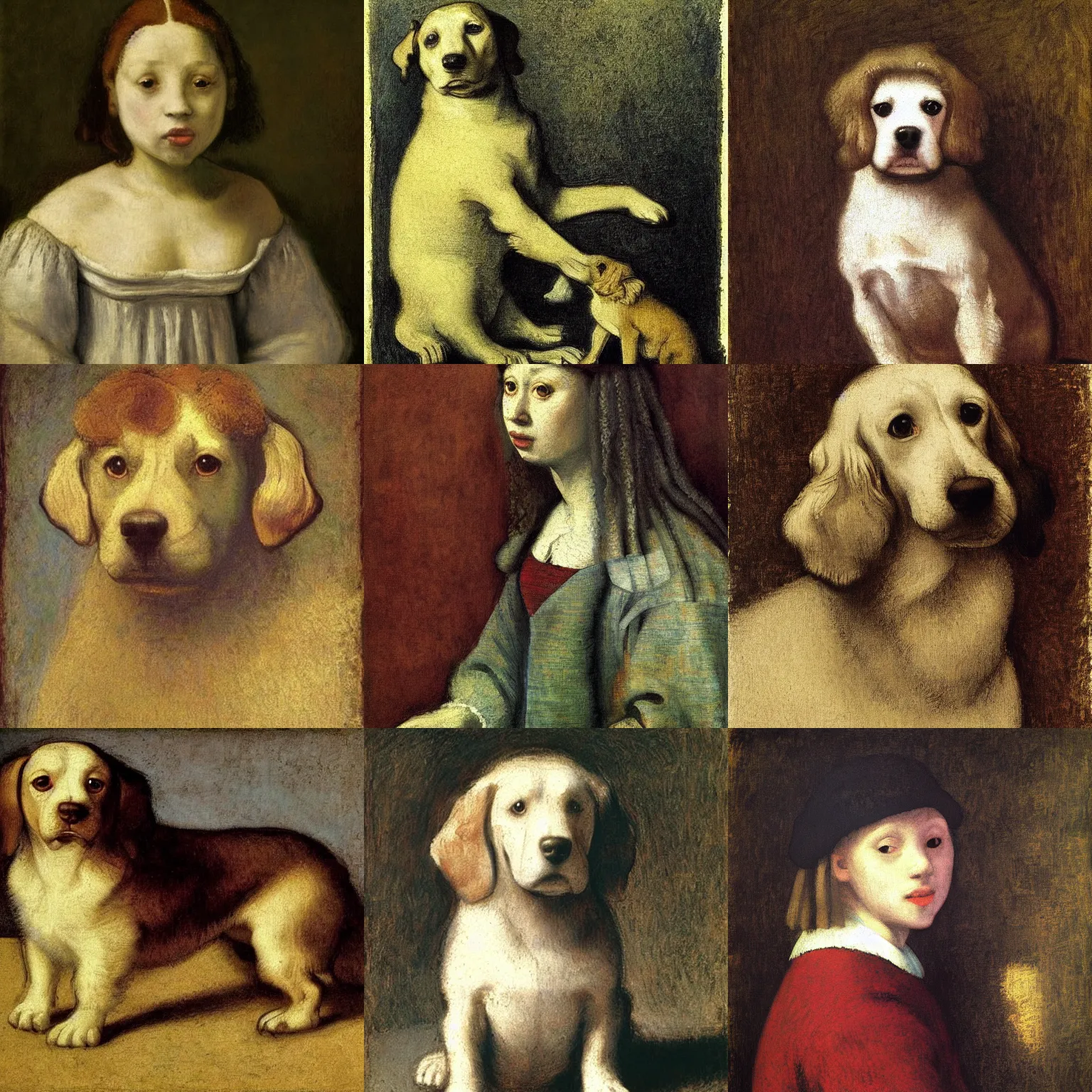 Prompt: dog by Leonardo da Vinci by Vermeer by Rembrandt by Jean-Antoine Watteau by Eugene Delacroix by Claude Monet by Georges Seurat by Vincent van Gogh by Edvard Munch