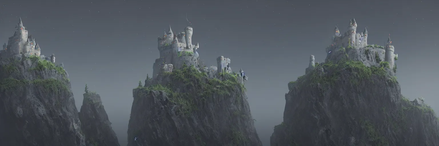 Prompt: cinematic view of a floating castle in the middle of the mountain hanging by cables and chains, in between a gorge, below only cloud dark void, 8 k resolution, octane,