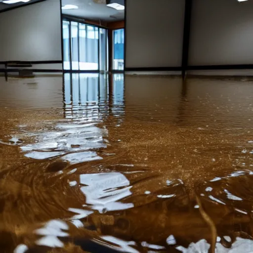 Prompt: empty dirty office flooded with brown water