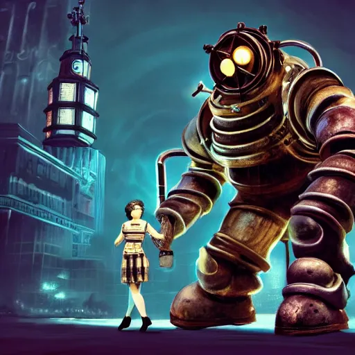 Image similar to big daddy from bioshock, a god, god, ecstatic, infinite power, manic, perfect eyes, full body shot, magical being, magic, portrait, noble, transformation, vivid colors, elegant, concept art, sharp focus, digital art, Hyper-realistic, 4K, Unreal Engine, Highly Detailed, HD, Dramatic Lighting by Brom, trending on Artstation