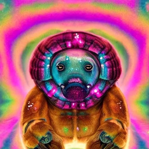 Prompt: tardigrade, water bear, covered in diamonds and pink fur, psychedelic, iridescent