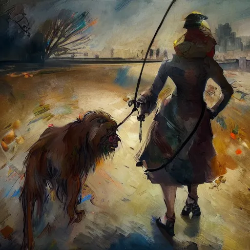 Prompt: of a woman walking her dog in the style of disco elysium, expressionism, artstation, trending, by aleksander rostov, jenny saville, rembrandt, alex kanevsky, wassily kandinsky, dave mckean, yoshitaka amano