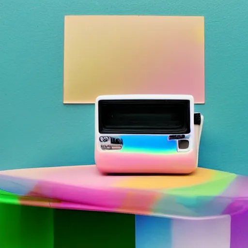 Image similar to a pastel colour high fidelity wide angle Polaroid art photo from a holiday album at a seaside with abstract inflatable rubber furniture, all objects made of transparent iridescent Perspex and metallic silver, iridescence, nostalgic