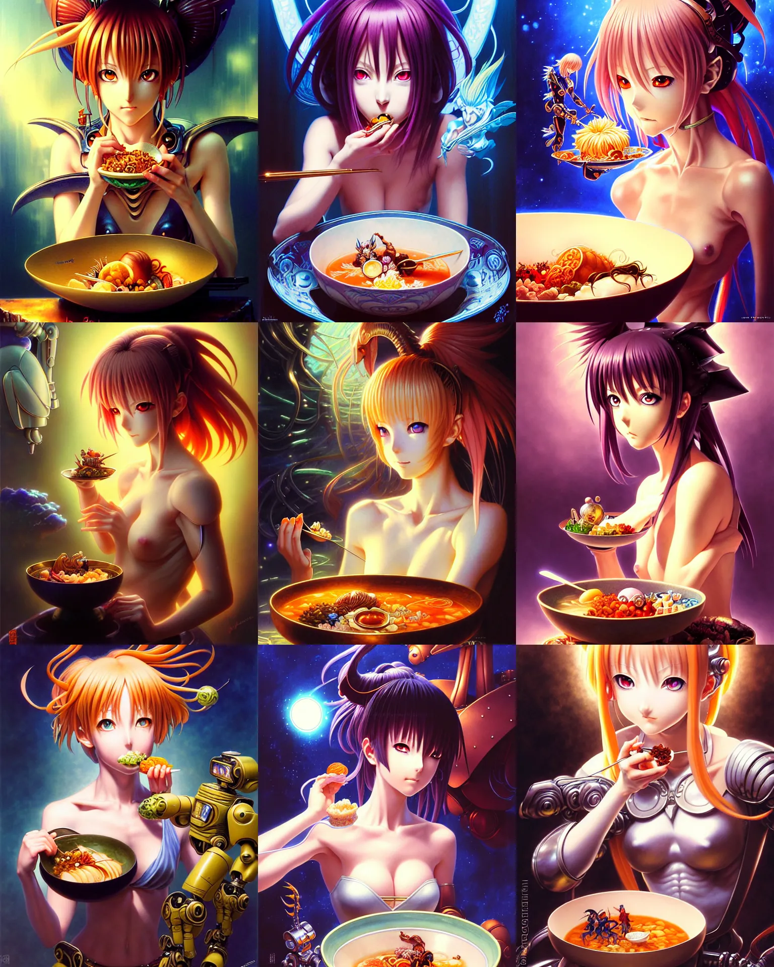 Prompt: beautiful fantasy portrait of anime girl eating bowl filled with food, fantasy art, fantasy, magic, highly detailed, soup, ultra realistic, dramatic lighting, robots, the fifth element artifacts, highly detailed by hajime sorayama, boris vallejo, aaron horkey, gaston bussiere, craig mullins