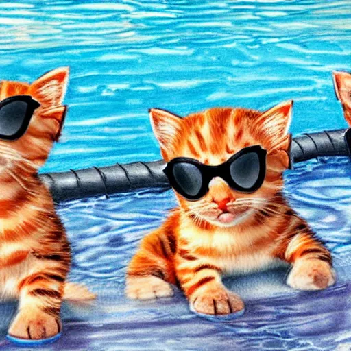 Prompt: realistic drawing of kittens wearing sunglasses playing in the swimming pool at the county fair.