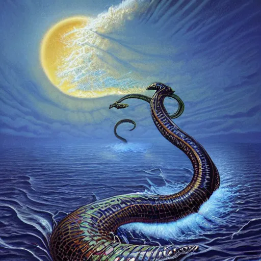 Image similar to Sea serpent, illustration by Michael Whelan, fantasy art, visionary art, acrylic painting, smooth blending