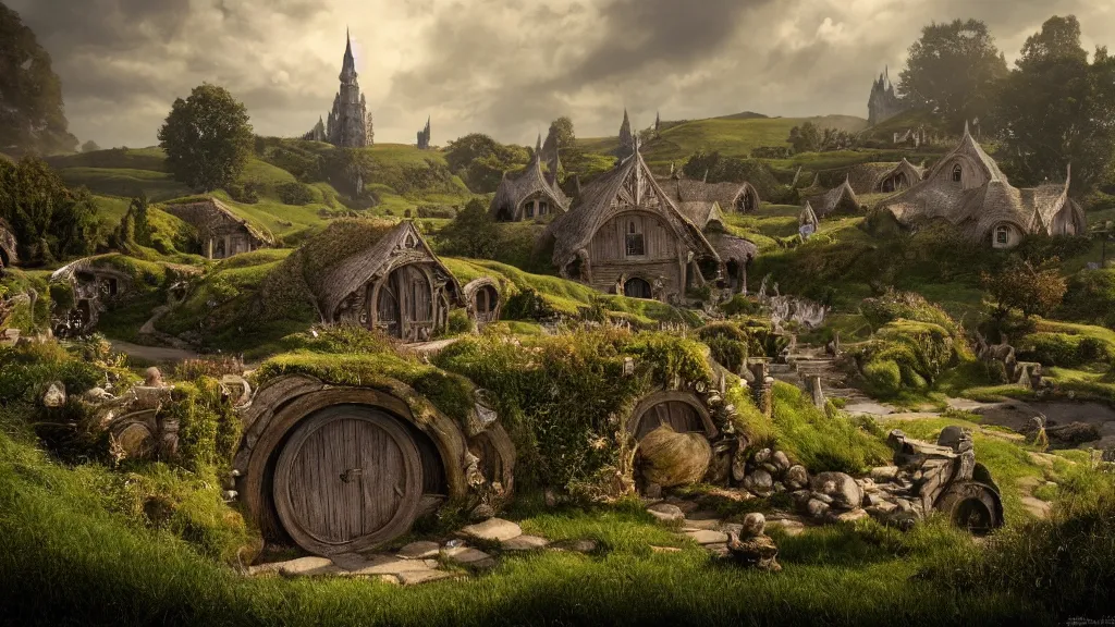 Image similar to a beautiful wide shot of hobbiton, middle earth, alan lee, fromsoftware, elden ring, dark souls, bloodborne, dark fantasy, realistic, highly detailed, 8 k, volumetric lighting, sinister lighting, detailed terrain, concept art, matte painting